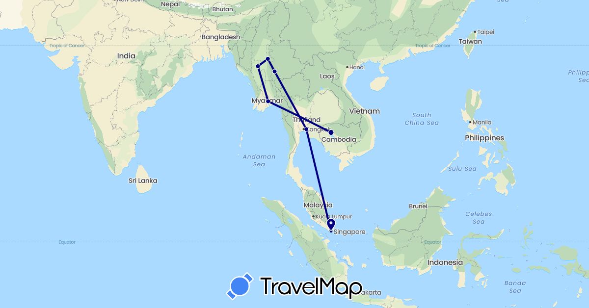 TravelMap itinerary: driving in Cambodia, Myanmar (Burma), Singapore, Thailand (Asia)